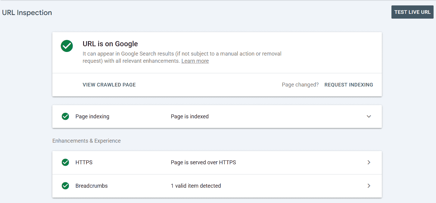 Google Search Console URL Inspection showing the indexed status of a page